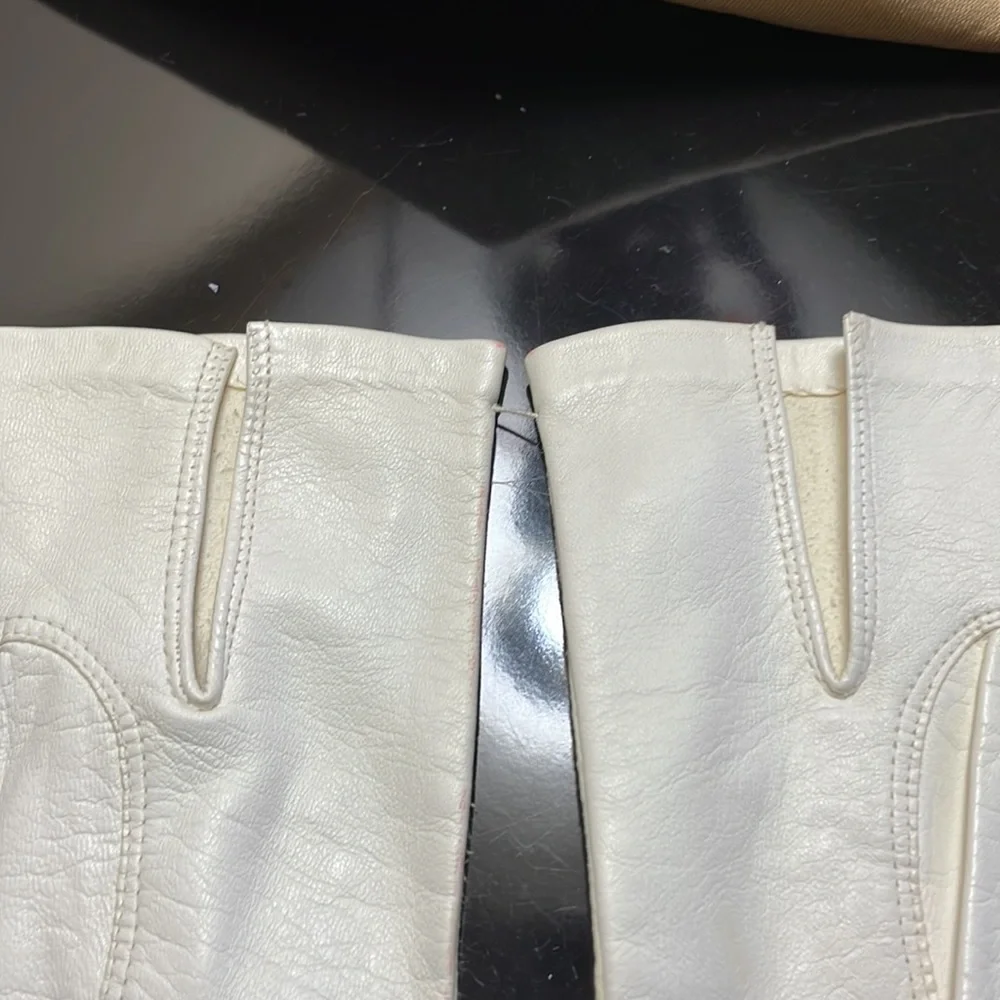 NEW white petite ladies girls leather dress gloves embroidered flower XS vintage